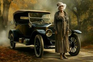 distingué américain vieux femme voiture 1920 an. produire ai photo