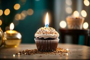 délicieux anniversaire petit gâteau sur table sur lumière Contexte. ai généré photo