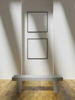 une couple de carré Cadre maquette affiche dans le minimaliste intérieur et banc décoration photo