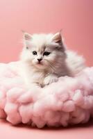 une espiègle chaton sieste sur une duveteux nuage lit isolé sur une rose pente Contexte photo