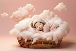 une bébé calmement sieste sur une capricieux nuage lit isolé sur une pastel pente Contexte photo