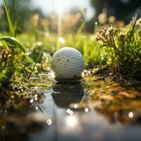 le golf Balle sur boueux herbe champ, sport thème concept, tournoi, concours, passe-temps, luxe passe-temps. génératif ai images photo