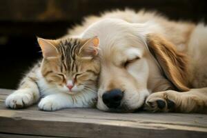 reposant chat chien dormant. produire ai photo