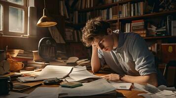 stressé adolescent en train d'étudier à maison. capturer le réalités de académique pression et étude stress photo