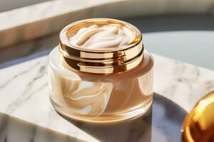 luxe or visage crème pot sur luxueux marbre en dessous de d'or lumière du soleil à spa, beauté et soin de la peau produit, génératif ai photo