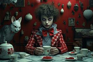 portrait de une fille avec une tasse de thé. Halloween. avril imbéciles jour, ai généré photo