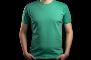 génératif ai. vert T-shirt maquette sur Masculin modèle photo