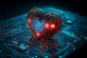 génératif ai. numérique l'amour rouge en forme de coeur ordinateur circuit planche photo
