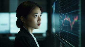 génératif ai. asiatique femme d'affaires en cours d'analyse investissement portefeuille sur ordinateur écran avec plusieurs graphiques photo