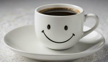 blanc porcelaine tasse de café avec souriant visage sur il, bien Matin signe. photo