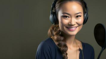 asiatique radio hôte avec écouteurs et microphone souriant. génératif ai photo