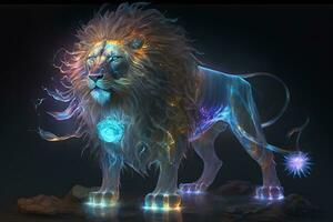majestueux Lion permanent audacieusement dans le obscurité, réinventé par industriel lumière et la magie. génératif ai photo