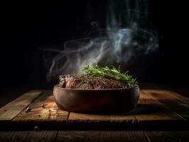 génératif ai. à la perfection cuit du boeuf steak sur rustique en bois table photo