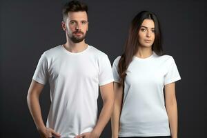génératif ai. Vide blanc T-shirt maquette sur Masculin et femelle mode vitrine votre dessins dans style photo