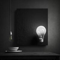 étonnamment Facile présentation une noir texturé mur avec une table et une blanc ampoule dans le Contexte. ai généré. photo