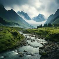 magnifique paysage de montagnes, écoulement rivières et vallées dans le hauts plateaux, génial pour sites Internet, les blogs, toiles de fond, affaires etc. image de génératif ai photo