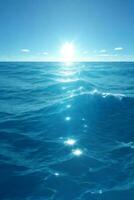 bleu océan panorama avec Soleil réflexion, le vaste ouvert mer avec clair ciel, ondulation vague et calme mer avec magnifique lumière du soleil. ai généré photo