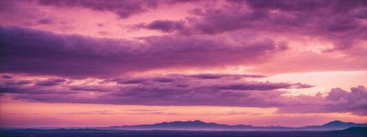 panoramique vue de une rose et violet ciel à le coucher du soleil. ciel panorama arrière-plan.. ai généré photo