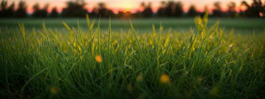 vert herbe avec le coucher du soleil vues.. ai généré photo