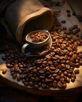 grains de café sur table en bois photo