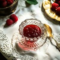 framboise confiture et framboises dans une cristal bol, pays nourriture et Anglais recette idée pour menu, nourriture Blog et livre de recettes photo