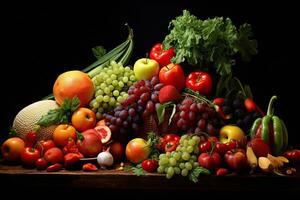 encore la vie légumes, herbes et fruit comme Ingrédients dans cuisson. assortiment de Frais biologique des fruits et légumes, ai généré photo