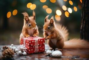 rouge écureuils sont séance sur le Nouveau année arbre, en portant petit décoré cadeaux dans leur pattes photo