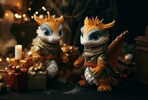 dragon sont séance sur le Nouveau année arbre, en portant petit décoré cadeaux dans leur pattes photo