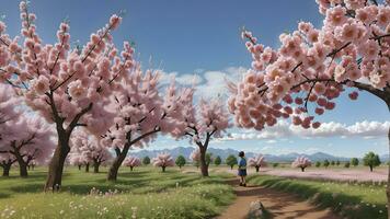 une Stupéfiant panorama immortalisant le intemporel élégance et vibrant splendeur de une Cerise verger dans plein fleurir. ai généré photo