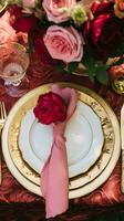 élégant paysage de table, formel dîner table réglage avec rouge des roses et vin, élégant table décor pour mariage, dîner fête et vacances un événement décoration, Accueil coiffant photo