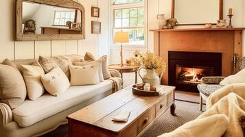 ferme chalet intérieur conception, Accueil décor, séance pièce et vivant chambre, canapé et meubles dans Anglais pays maison style photo