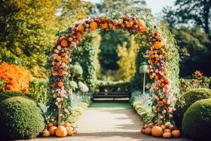 floral décoration, mariage décor et l'automne vacances fête, automnal fleurs et un événement décorations dans le Anglais campagne jardin, pays style photo