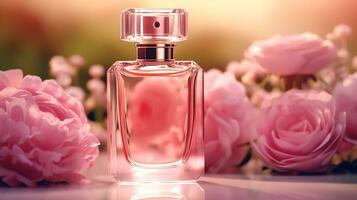 luxueux floral flairer, fragrance bouteille et rose fleurs, parfum commercial dans fleur jardin, sur mesure parfumerie et beauté produit vente, génératif ai photo