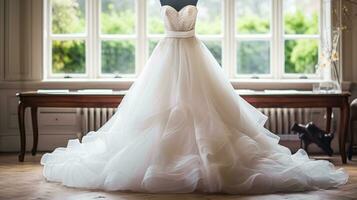 mariage des arbres, de mariée robe style et sur mesure mode, pleine longueur blanc adapté Balle robe dans salle d'exposition, tailleur raccord, beauté et mariage photo