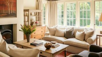 intérieur conception, Accueil décor, séance pièce et vivant chambre, blanc canapé et meubles dans Anglais pays maison et élégant chalet style photo