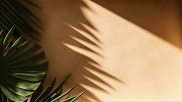 tropical Contexte pour une produit placement, paume arbre feuilles et lumière du soleil ombres sur le mur, minimaliste botanique toile de fond, paumes sur une chaud ensoleillé jour, génératif ai photo