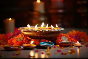 diwali fête. diya pétrole les lampes sur foncé Contexte. génératif ai photo