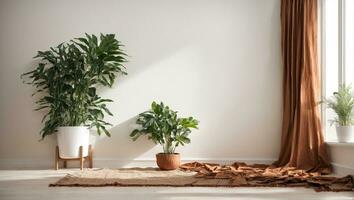 plante contre une blanc mur maquette. blanc mur maquette avec marron rideau, plante et bois sol. 3d illustration.. ai généré photo