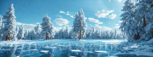 bleu la glace et des fissures sur le surface de le glace. congelé Lac en dessous de une bleu ciel dans le l'hiver. le collines de pins. l'hiver. carpates, Ukraine, L'Europe .. ai généré photo