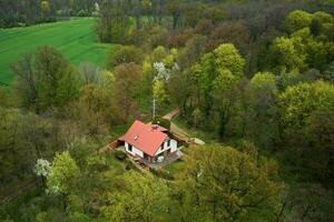 aérien vue de seul maison dans la nature photo