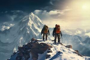 deux grimpeurs montée le de pointe de une neige couvert Montagne. génératif ai photo