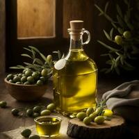 photo Olives et olive pétrole dans bouteille fermer avec olive branche par ai généré
