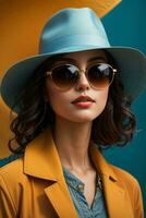 femme dans moderne vêtements avec des lunettes de soleil par ai génératif photo