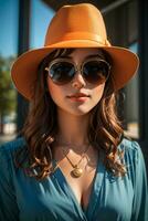 femme dans moderne vêtements avec des lunettes de soleil par ai génératif photo