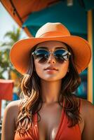 femme dans moderne vêtements avec des lunettes de soleil par ai génératif photo