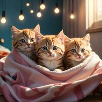 une groupe de adorable chatons câliné en haut ensemble dans une confortable couverture fort art par ai génératif photo