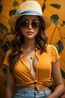 femme dans moderne vêtements avec des lunettes de soleil par ai génératif photo