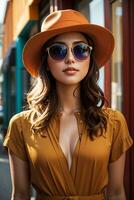 femme dans moderne vêtements avec des lunettes de soleil par ai génératif photo