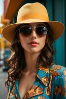 femme dans moderne vêtements avec des lunettes de soleil par ai génératif photo