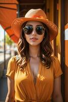 femme dans moderne vêtements avec des lunettes de soleil par ai génératif photo